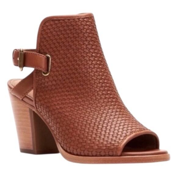 Frye Women's Brown Leather Woven Shield Peep Toe Slingback Heel - Size 10 - Picture 2 of 11